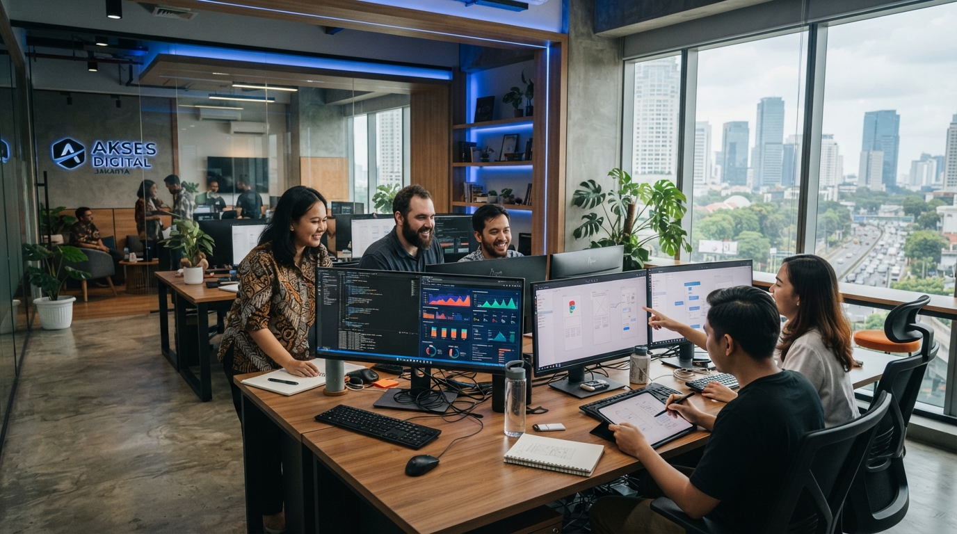 Modern collaborative open-plan IT consultancy office in Jakarta. Senior Indonesian software engineers and UI UX designers sitting around a wooden desk, discussing interactive high-fidelity dashboards on dual monitors.